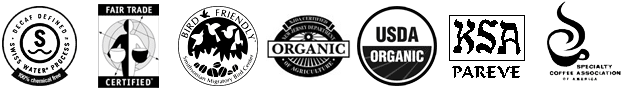 Certifications and Associations - Specialty Coffee Association of America, SCAA, USDA Organic, Fair Trade Certified&reg;, SWISS WATER&reg; Process, Bird Friendly&reg; Coffee, Northeast Organic Farming Certified, KSA